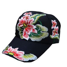 Ethnic Embroidered Floral Style Baseball Cap Hat Embroidered Baseball Cap For Beach, Adjustable Embroidered Baseball Cap For The Beach, Embroidered Baseball Cap With Curved Brim For Beach, Embroidered Baseball Cap For Beach With Curved Brim, Embroidered Beach Cap, Embroidered Baseball Cap For Beach, One Size Fits Most, Traditional Black Summer Hats, Beach Baseball Cap With Embroidered Curved Brim, Embroidered Trucker Baseball Cap For Beach