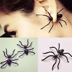 three different pictures of black spider hair clips