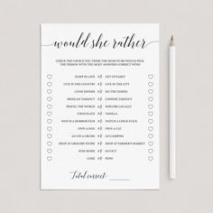 a printable wedding game with the words would she rather?