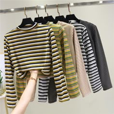 Women Striped Crop Top Long Sleeve T Shirt Knitted Streetwear L0133 Knitted Streetwear, Tshirt Streetwear, Crop Top Long Sleeve, Kurti Designs Latest, Crop Top Long, Female Clothes, Clothes Black, Chic Blouses, Top Outfit