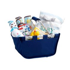 a blue basket filled with baby items on top of a white background