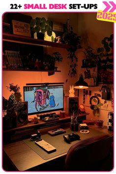 a desk with a computer monitor and keyboard