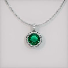 The pendant features a beautiful, transparent 3.10 carat round shape green emerald with the dimensions of 9.74 x 9.65 x 5.49 mm and a mixed brilliant cut. It has a clarity grade of very slightly included (evaluated at eye level), vivid color saturation, and an excellent polish. #littlenecklaces #girlsnecklaces #gorgeousnecklaces #customjewelrynecklaces #heartnecklaces Luxury Green Round Pendant Jewelry, Formal Green Emerald Diamond Necklace, Green Emerald Necklace With Brilliant Cut For Formal Occasions, Elegant Green Emerald Necklace With Brilliant Cut, Brilliant Cut Emerald Necklace For Wedding, Emerald Ring Brilliant Cut May Birthstone, Emerald Ring Brilliant Cut For May Birthstone, Emerald Ring For May Birthstone In Brilliant Cut, Dazzling Round Emerald Ring With Diamond Cut