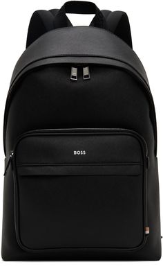 Regenerated saffiano leather backpack in black. · Fixed carry handle · Adjustable padded shoulder straps · Zip pockets and logo printed at face · Two-way zip closure · Laptop compartment at interior · Patch pockets at interior · Recycled polyester satin lining · Logo-engraved silver-tone hardware · H17.5 x W12 x D6 in Supplier color: Black Applique Sweatshirt, Boss Outfit, Summer Vacations, Boss Black, Hugo Boss Man, Silver Engraving, Holy Grail, Polyester Satin, Men's Backpack