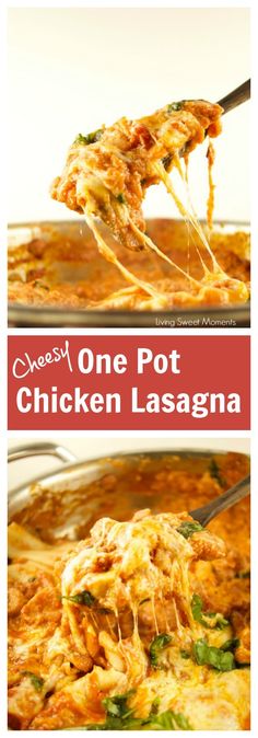 one pot chicken lasagna is shown in two different pictures