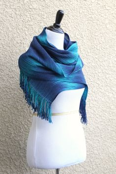 Hand woven long scarf with gradually changing colors from dark blue to turquoise. Measures: L: 78" with 6" fringe on both ends W: 11" Care instructions: This scarf made wit... #kgthreads Blue Bohemian Handwoven Shawl, Blue Bohemian Shawl With Fringe, Blue Handmade Bohemian Scarves, Blue Bohemian Handmade Scarves, Handmade Gifts For Men, Pashmina Wrap, Woven Scarf, Spring Scarves, Handwoven Scarf