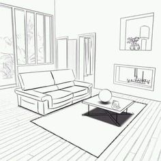 a black and white drawing of a living room with couches, coffee table, and large windows