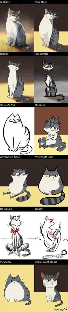 an animation storyboard showing how to draw cats in different poses and positions, including the cat