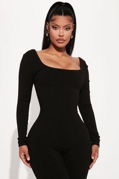 Available In Plum, Black, And Cream. Jumpsuit Square Neck Long Sleeve Legging Low Back Stretch Compression Rib 82% Rayon 18% Spandex Imported | Hailey Snatched Jumpsuit in Black size Large by Fashion Nova Cream Jumpsuit, Low Back Stretches, Square Neck Long Sleeve, Back Stretches, Black And Cream, Black Jumpsuit, Low Back, Square Neck, Fashion Nova