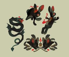 four different types of dragon designs on a gray background with red and black accents,