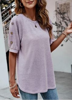 Color:Purple;Size:S;Size:M;Size:L;Size:XL;Composition:95% Polyester, 5% Spandex;Decoration:Decorative Button;Season:Summer;Color Scheme:Purple;Sleeve&apos;s Length:Half Sleeve;Pattern Type:Solid;Neckline:Round neck;Clothing&apos;s Length:Long;Washing Instructions:Hand Wash /Machine Washable;Package Contents:1 X T Shirt;Occasion:Staycation;Style:Casual; Womens Basic Tops, Dolman Sleeve Tops, Usa Dresses, Purple T Shirts, Chic Top, Casual Tops For Women, Short En Jean, Online Tops, Casual Top