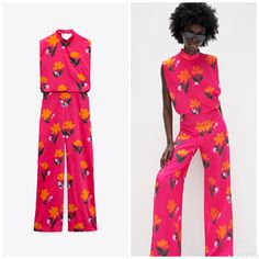 Sleeveless Jumpsuit With A High Round Neck. Featuring Back Vents, A Wide-Leg Design, Invisible Back Zip Fastening And Back Button Fastening. Zara Casual Floral Print Jumpsuits And Rompers, Pink Floral Print Sleeveless Jumpsuits And Rompers, Zara Sleeveless Jumpsuits And Rompers For Party, Dark Green Leggings, Zara Leather Pants, Paper Bag Waist Pants, Black Flare Pants, Suede Leggings, Embroidered Pants