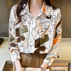 Abstract Graffiti Print Chiffon Shirt Workwear Abstract Graffiti, Anime Lingerie, Color Abstract, Kawaii Dress, Graffiti Prints, Chiffon Shirt, Collar Blouse, Kawaii Clothes, Print Chiffon