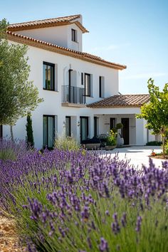 a white house with purple flowers in front of it