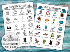 two printable cruise scavengers with the words cruise scavenger hunt on them