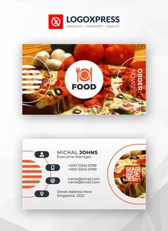 two business cards with food logos on the front and back, both in red and white