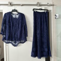 Never Been Worn 3 Piece Set. Navy Blue. Size L But Truly M/L. Crochet Material. Blouse Buttons But Sheer. 50% Polyester 50% Rayon. Brand Is Soulmates. Purchased For $350 Elegant Navy Long Sleeve Set, Blue Long Sleeve Evening Set, Jacket Crochet, Maxi Lace Skirt, Crochet Set, Skirt Sets, Lace Maxi, Vintage Silk, Skirt Top