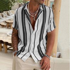 Aonga 2024 Summer Beach Vintage Striped Print Shirts Men Casual Loose Short Sleeve Button Lapel Mens Shirt Oversize Fashion Shirt TopsSPECIFICATIONS Brand Name: Aonga Material: POLYESTER Material: COTTON Shirts Type: Casual Shirts Applicable Scene: CASUAL Style: Casual Origin: Mainland US(Origin) CN: Guangdong Sleeve Length(cm): short Applicable Season: Spring and Summer Gender: MEN Item Type: SHIRTS Place Of Origin: US(Origin) (mainland) Collar: Turn-down Collar Closure Type: Single Breasted Sl Tropical Fits Men, Mens Tropical Outfits, Summer Outfits Men Beach, Tropical Outfits, Oversized Shirt Men, Beach Outfit Men, Mens Wedding Attire, Printed Shirts Men, Beach Vintage