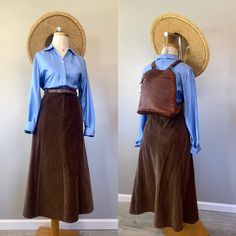 Coffee Chambray Cotton Mid Skirt  Can be worn by many ages  Size:12  Measurements  Waist: 32" Length: 34"  This skirt is absolutely stunning.  Pockets on each side  Both for closure  Elegantly:Boho aesthetic  Belt Loops available  Perfect Condition: Ready To Wear Aesthetic Belt, Brown Skirt Outfit, Waynesville Nc, Mid Skirt, White Maxi Skirts, Maxi Skirt Outfits, Brown Skirt, Boho Aesthetic, Brown Skirts