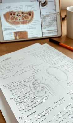 a tablet and some papers on a table with an image of the stomach in front of it