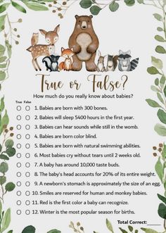 a printable baby shower game with animals and leaves on the back ground, which says true or false? how much do you really know about babies?