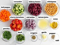 the ingredients for this salad include beans, tomatoes, cucumber, cherry tomatoes, red onion, lemon juice, broccoli, garlic, and pepper