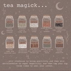 a poster with different types of teas in glass jars and the words, tea magick