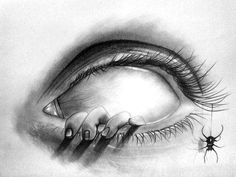 a pencil drawing of an eye with a spider crawling on the inside of it's iris