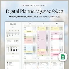 the digital planner spreadsheet is shown with an image of trees and clouds in the background