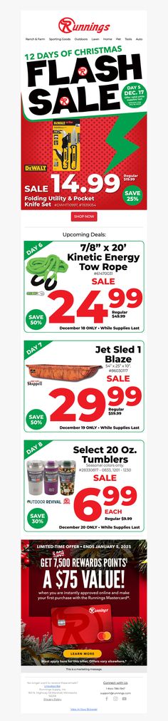 an advertisement for the christmas sale is shown in red, green and white