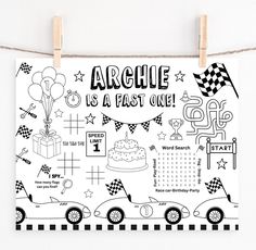 a black and white poster hanging on a clothes line that says, archie is a fast one