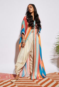 Sva By Sonam And Paras Modi-Muticolor Stripe Cape Jacket With Pants-INDIASPOPUP.COM Beige Drapes, Sharara Pants, Drape Pants, Structured Jacket, Cape Jacket, Striped Jacket, Color Stripes, Festival Wear, Aza Fashion