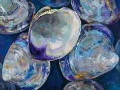 an oil painting of seashells on a blue background