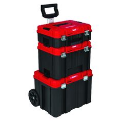 three black and red storage boxes stacked on top of each other with one large wheel