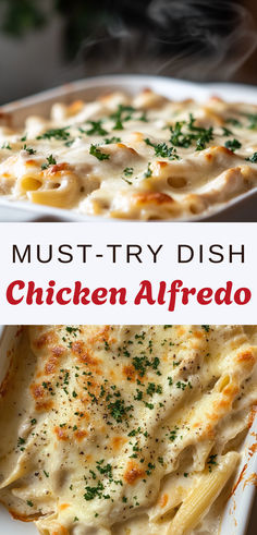 this is an image of chicken alfredo in a casserole dish with the title above it