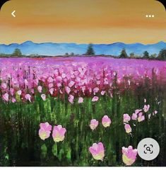 a painting of pink flowers in a field with mountains in the background and an orange sky