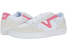 Vans Lowland CC - Shoes : (Court) True White/Pink Lemonade : New for this season, the Vans Leather Lowland CC is a 90's retro skate-inspired silhouette that features a slim profile and a ComfyCush outsole. Made with sturdy leather uppers and carrying a heritage Flying-V Vans logo, this style has a familiar, but exciting, new look. Traditional lace-up closure. Vulcanized outsole. Imported. Measurements: Weight: 10 oz Product measurements were taken using size Men's 8.5, Women's 10, width Medium. Retro Skate Shoes With Contrast Sole For Streetwear, Retro Spring Skate Shoes With Gum Sole, Retro Skate Shoes With White Sole For Spring, Retro Leather Skate Shoes For Spring, Retro Skate Shoes For Skateboarding In Spring, Retro Vans Skate Shoes With Gum Sole, Retro Leather Skate Shoes For Sports, Vans Retro Skate Shoes With Contrast Sole, Retro Vans Skate Shoes With Contrast Sole