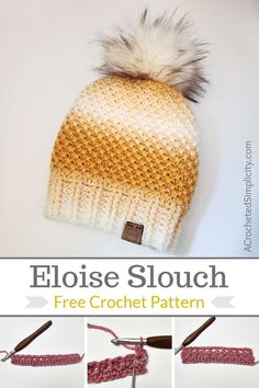 the flosse slouch crochet hat is shown in three different colors