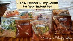 seven freezer dump meals for your instant pot are on the counter in their bags