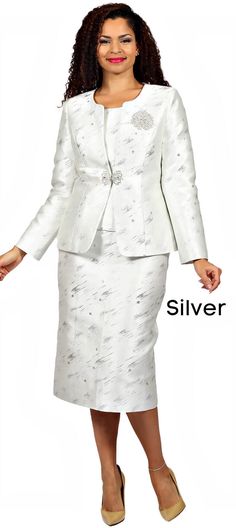 Diana Signature Suit 2024 Style: 8872 All Season Fully Lined Three Piece Suit Metallic pattern three-piece skirt suit with rhinestone brooch & clasp Color: Silver Beautiful choice for church, social events, and conventions Elegant Fitted Party Sets, Elegant Long Sleeve Party Skirt Suit, Elegant Long Sleeve Skirt Suit For Party, Elegant Party Sets, Elegant Fitted Silver Suit, Silver Fitted Elegant Suit, Elegant Formal Sets With Notch Lapel, Elegant Skirt Suit For Party, Silver Elegant Party Sets