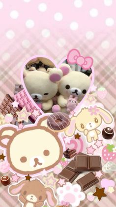 two teddy bears sitting next to each other on top of a pink and white background