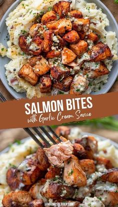 salmon bites with garlic and cream sauce served on top of mashed potatoes in a bowl