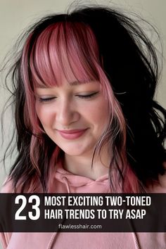 Pastel Pink Black Two-Toned Hair To Tone Hair Color, Work Appropriate Dyed Hair, Highlight Bangs Only, Peekaboo Hair Color Ideas For Blondes, Split Color Hair Ideas, Partial Fashion Color Hair, Dark Underlayer Hair, Edgy Color Block Hair, Hair Panels Colored