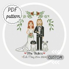 a cross stitch pattern with a bride and groom holding their dogs on the wedding day