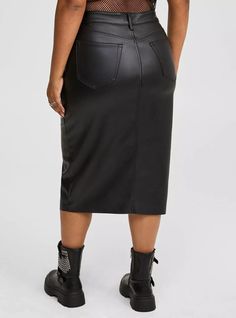 FIT Model is 5'10” wearing size 0. A-line midi sihouette. Measures 48” from waist to hem. . MATERIALS + CARE Faux leather fabric. . 100% polyester. Machine wash cold. . Imported. . DETAILS Front slit. . Functional pockets. . The best plus size women's midi faux leather front slit skirt skirts in deep black made of pleather. Torrid is your destination for cozy fall and winter clothes to keep you warm and comfortable. Skirt Images, Faux Leather Fabric, Women Midi, Shopping Day, Deep Black, Hen Party, Bottom Clothes, Party Birthday, Leather Fabric