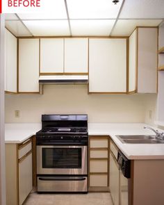 an empty kitchen with stainless steel appliances and white counter tops, before and after remodeling