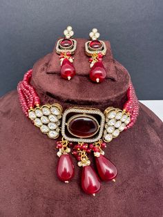 Moissanite Color Stone Mehendi Polish Choker - Red Red Jewelry Sets For Formal Festivals, Formal Red Kundan Necklace For Festivals, Formal Bollywood Jewelry In Red, Red Bollywood Style Jewelry For Formal Occasions, Red Bollywood Kundan Necklace For Formal Occasions, Ruby Jewelry Sets For Party And Festivals, Bollywood Style Red Jewelry With Matching Earrings, Formal Red Jewelry Sets With Stone Work, Formal Red Kundan Earrings