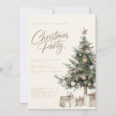 a christmas party card with a tree and presents