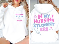 Custom Nursing Shirt, Personalized Nurse Sweatshirt, In My Nursing Student Era Hoodie, Nursing School Shirt, Custom Future Nurse Shirt, R175 ♥️ WELCOME ♥️ Looking for super soft, comfy, and high-quality clothes for your special days or loved ones? You've come to the right place! We absolutely love what we do and are dedicated to making your shopping experience just perfect. If you have any questions about our products, don't hesitate to reach out. We're here to help and will get back to you as s White Pre-shrunk Hooded Top, White Short Sleeve Hoodie With Letter Print, Nursing School Shirt, Nursing School Shirts, Nursing Shirt, Hoodie Personalized, Nursing Hoodie, Future Nurse, Nurse Sweatshirt