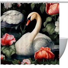 a white swan and red flowers on a black background shower curtain